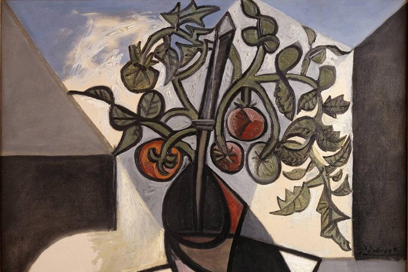 Vase mit Tomatenpflanze, rote und grüne Früchte, abstrakte Formen, helle und dunkle Farbtöne.