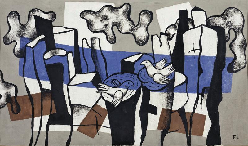 Abstrakte Komposition mit Vögeln, geometrischen Formen und Wolken in Blau, Schwarz und Erdtönen.