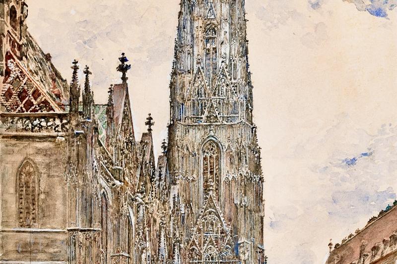 Auf dem Bild sehen wir einen Ausschnitt des Stephansdoms in Wien.
Es ist kein Foto, sondern ein Gemälde mit Wasserfarben.
Man nennt so ein Bild auch Aquarell. Der Künstler heißt Rudolf von Alt.

In der Mitte sieht man den großen Turm vom Stephansdom.
Er ist sehr hoch und spitz.
Links ist die Kirche, rechts stehen Häuser 
Der Himmel ist hell mit etwas Blau und Grau.