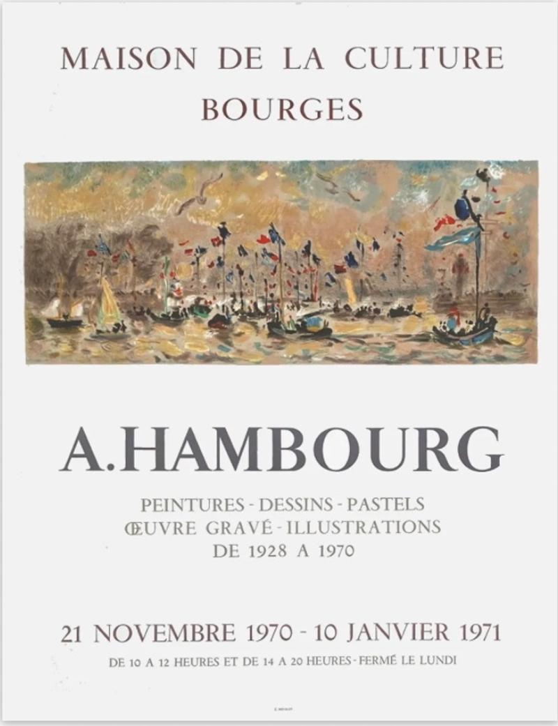 Plakat für eine Ausstellung von A. Hambourg mit maritimer Szene, Segelbooten und Flaggen, datiert 1970-1971.