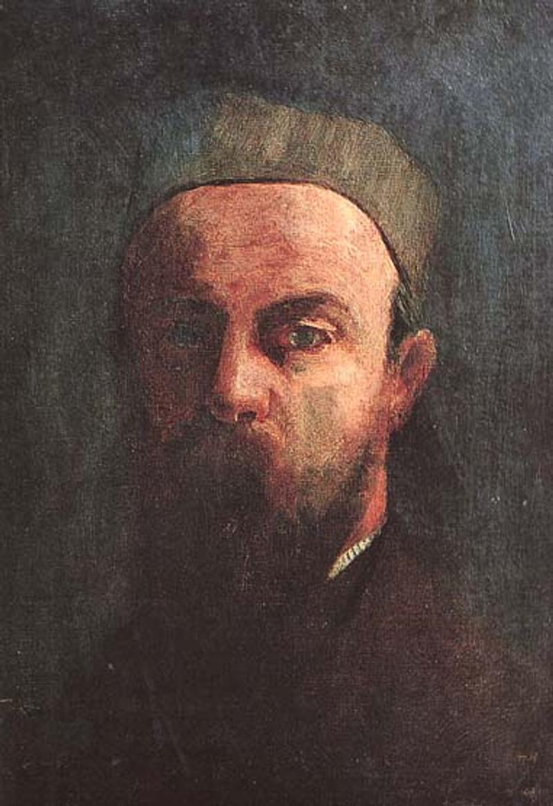 Selbstporträt von Odilon Redon mit Bart und Mütze, dunkler Hintergrund, ausdrucksstarker Blick.