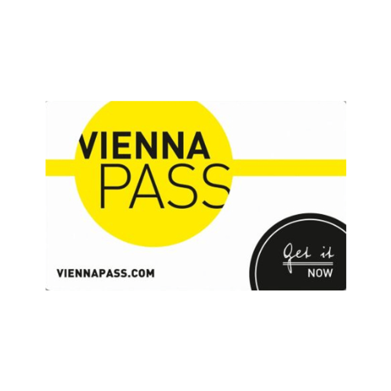 Karte des Vienna Pass mit gelbem Kreis, schwarzer Schrift und Website-Adresse.