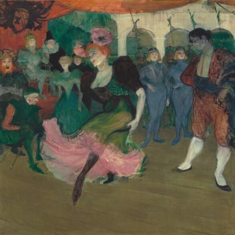 Mademoiselle Marcelle Lender tanzt im Bolero, umgeben von Zuschauern in bunten Kostümen und einem festlichen Ambiente.
