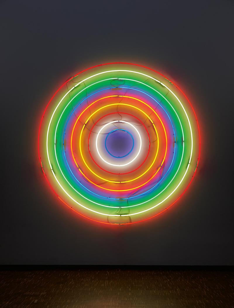 Bunte Neonröhren in konzentrischen Kreisen auf dunklem Hintergrund, strahlend in Rot, Grün, Blau, Gelb und Weiß.