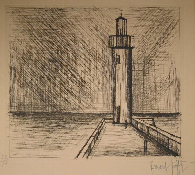 Leuchtturm auf einem Steg, umgeben von Wasser, mit diagonalen Linien und schattierten Bereichen im Hintergrund.