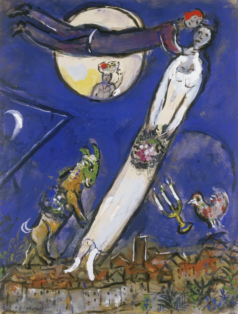 Fliegende Figur mit rotem Haar vor einem großen Mond, umgeben von einem Ziegenwesen, einem Huhn und einer Stadtlandschaft.