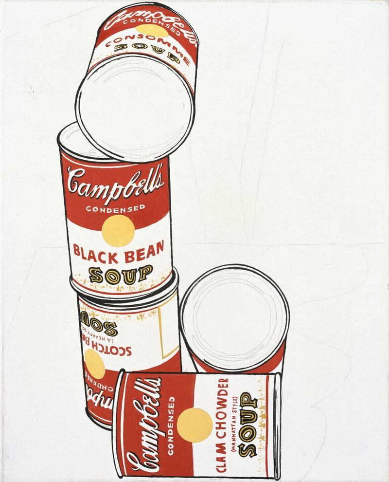 Vier übereinander gestapelte Campbell's Suppendosen in Rot und Weiß, mit sichtbaren Etiketten für "Black Bean" und "Clam Chowder".