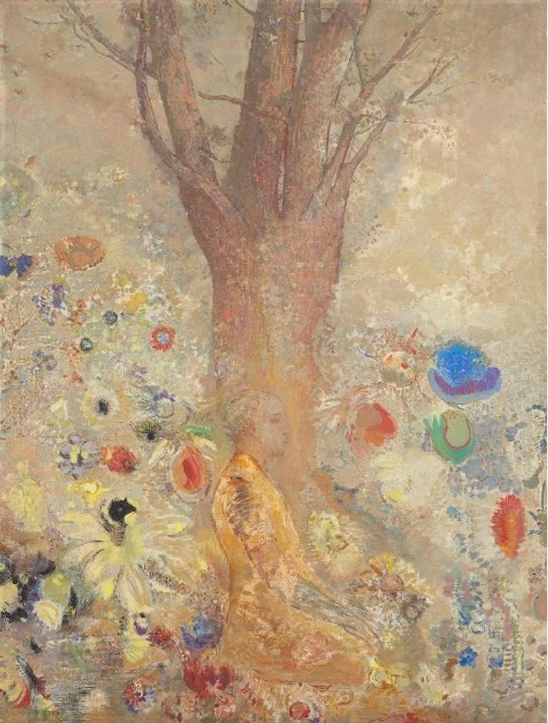 Buddha sitzt meditierend unter einem Baum, umgeben von bunten Blumen und sanften Farben.