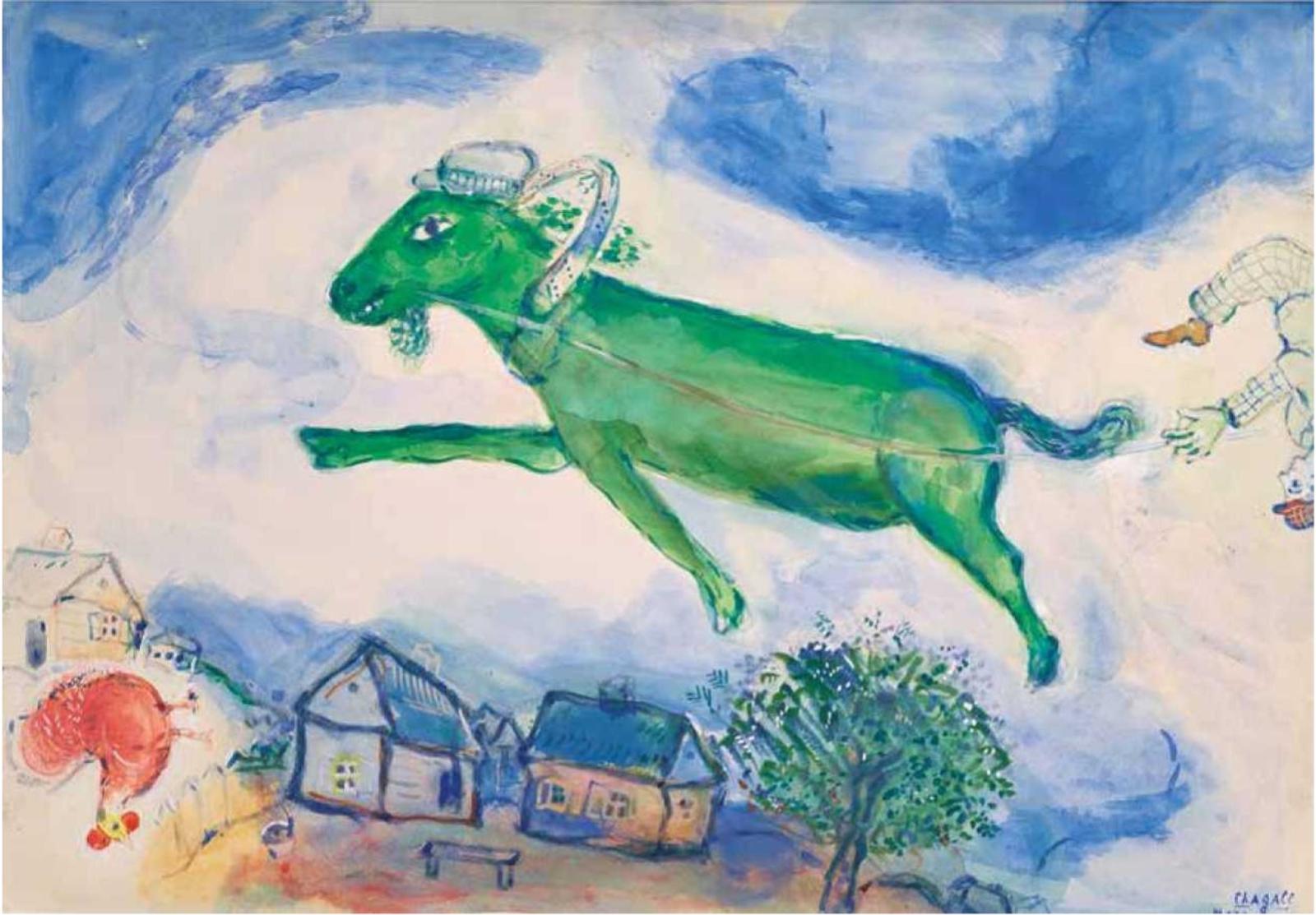 Grünes fliegendes Tier über einer Landschaft mit Häusern, Bäumen und einer roten Figur. Himmel in sanften Blau- und Weißtönen.