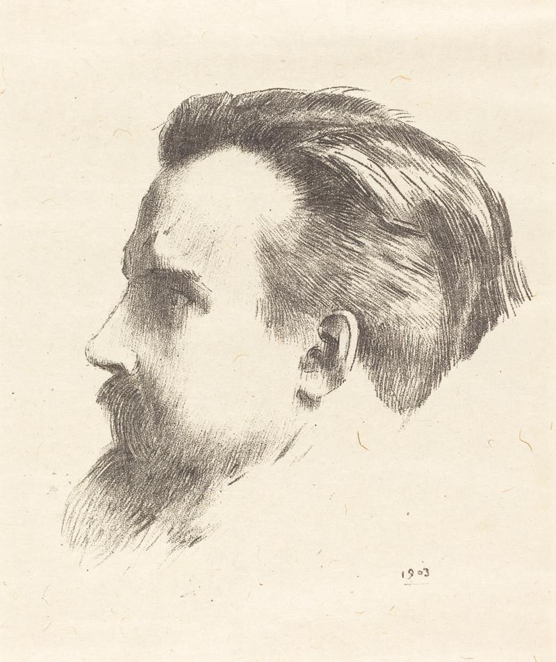 Profil von Maurice Denis mit Bart und kurzem Haar, skizzenhaft auf beigem Hintergrund dargestellt.