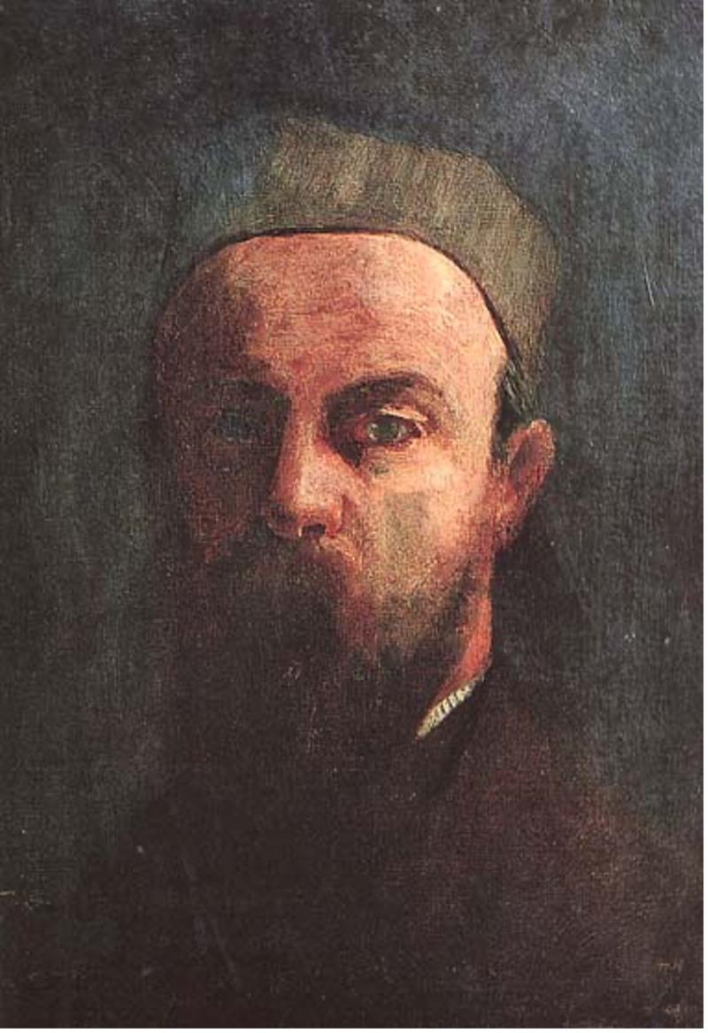 Selbstporträt eines Mannes mit Bart und Mütze, dunkler Hintergrund, ernster Ausdruck, impressionistischer Malstil.