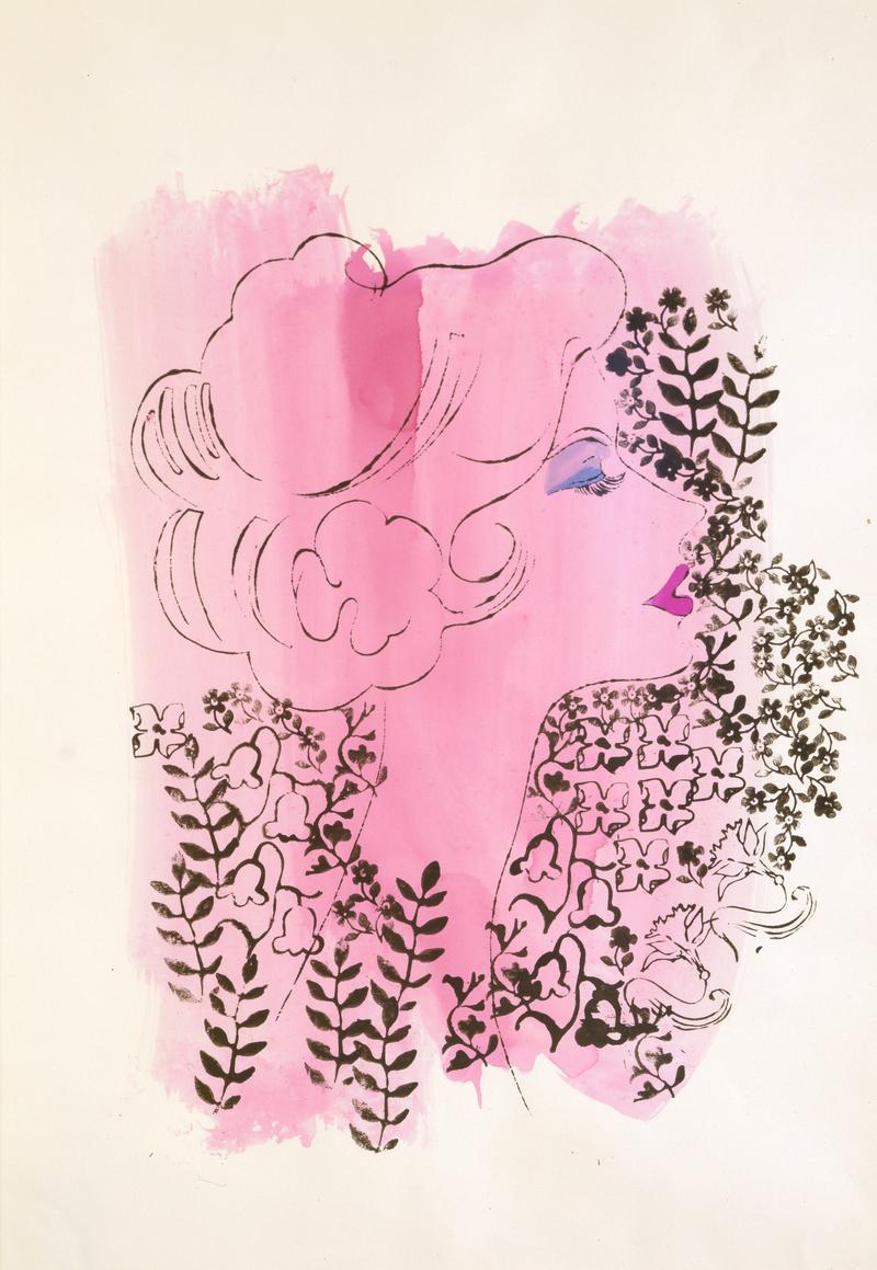 Profil einer Frau mit lockigem Haar, umgeben von floralen Mustern auf pinkem Hintergrund.