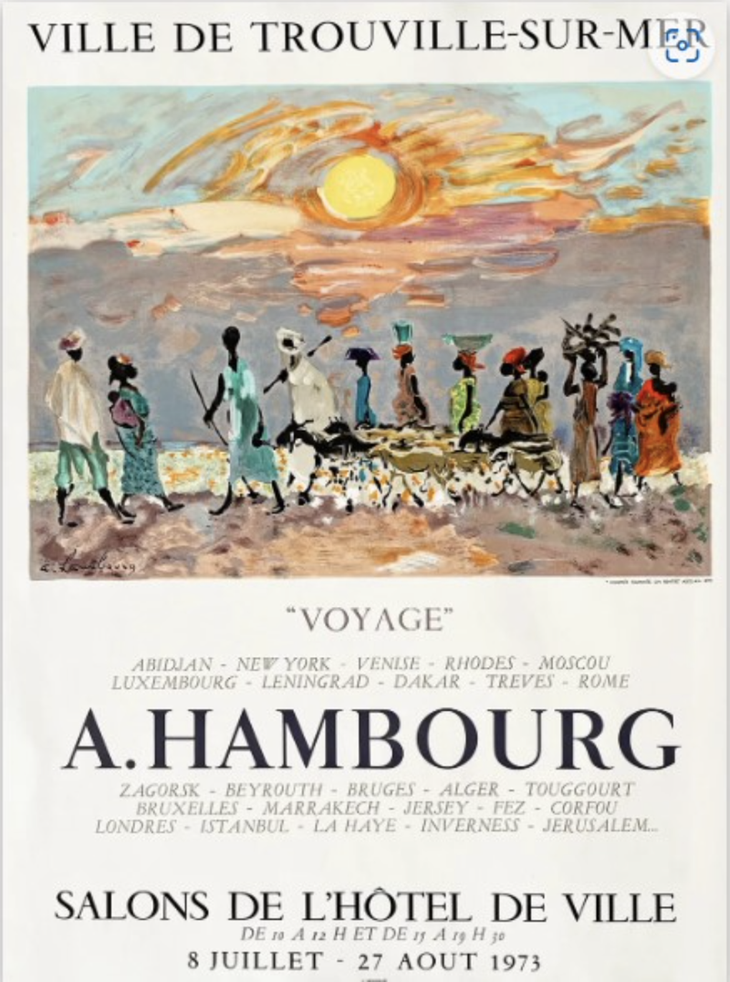Plakat zur Ausstellung "Voyage" von A. Hambourg mit buntem Sonnenuntergang und stilisierten Figuren am Strand.