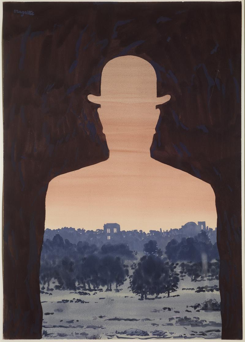 Silhouette eines Mannes mit Zylinder vor einer Landschaft bei Sonnenuntergang, umgeben von dunklen Farben.