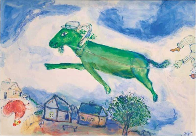 Grünes fliegendes Tier über einer Landschaft mit Häusern, Bäumen und einer roten Figur. Himmel in sanften Blau- und Weißtönen.