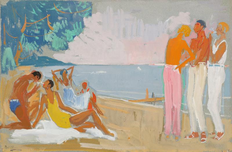 Badegäste entspannen am Strand, einige im Wasser, andere im Gespräch, umgeben von Bäumen und einem hellen Himmel.