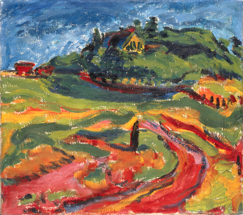 Das Bild zeigt eine Landschaft.
In der Mitte ist ein Hügel mit vielen Bäumen.
Oben auf dem Hügel steht ein gelbes Haus.
Rund um den Hügel sind viele bunte Flächen: grün, rot, orange und gelb.
Im Vordergrund verläuft ein roter Weg durch die Landschaft.
Links im Hintergrund stehen rote Gebäude.
Der Himmel ist blau und mit dunklen Strichen bemalt.
Die Farben sind kräftig. Die Pinselstriche sind deutlich zu sehen.