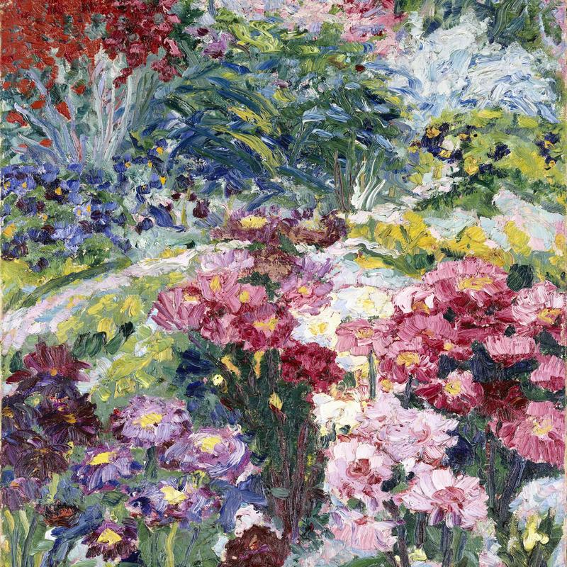 Das Bild zeigt einen bunten Blumengarten. Überall blühen rote, rosa, violette und gelbe Blumen. Man sieht sie in dichten Gruppen – nah beieinander, wie in einem wilden, lebendigen Garten.

Die Farben sind kräftig und leuchtend, mit vielen dicken Pinselstrichen. Die Blumen sind nicht ganz genau gemalt, sondern eher mit Gefühl und Bewegung. Man erkennt, dass es Nolde um die Stimmung ging – nicht um exakte Details.

Im Hintergrund sieht man noch mehr Blumen und grüne Blätter.