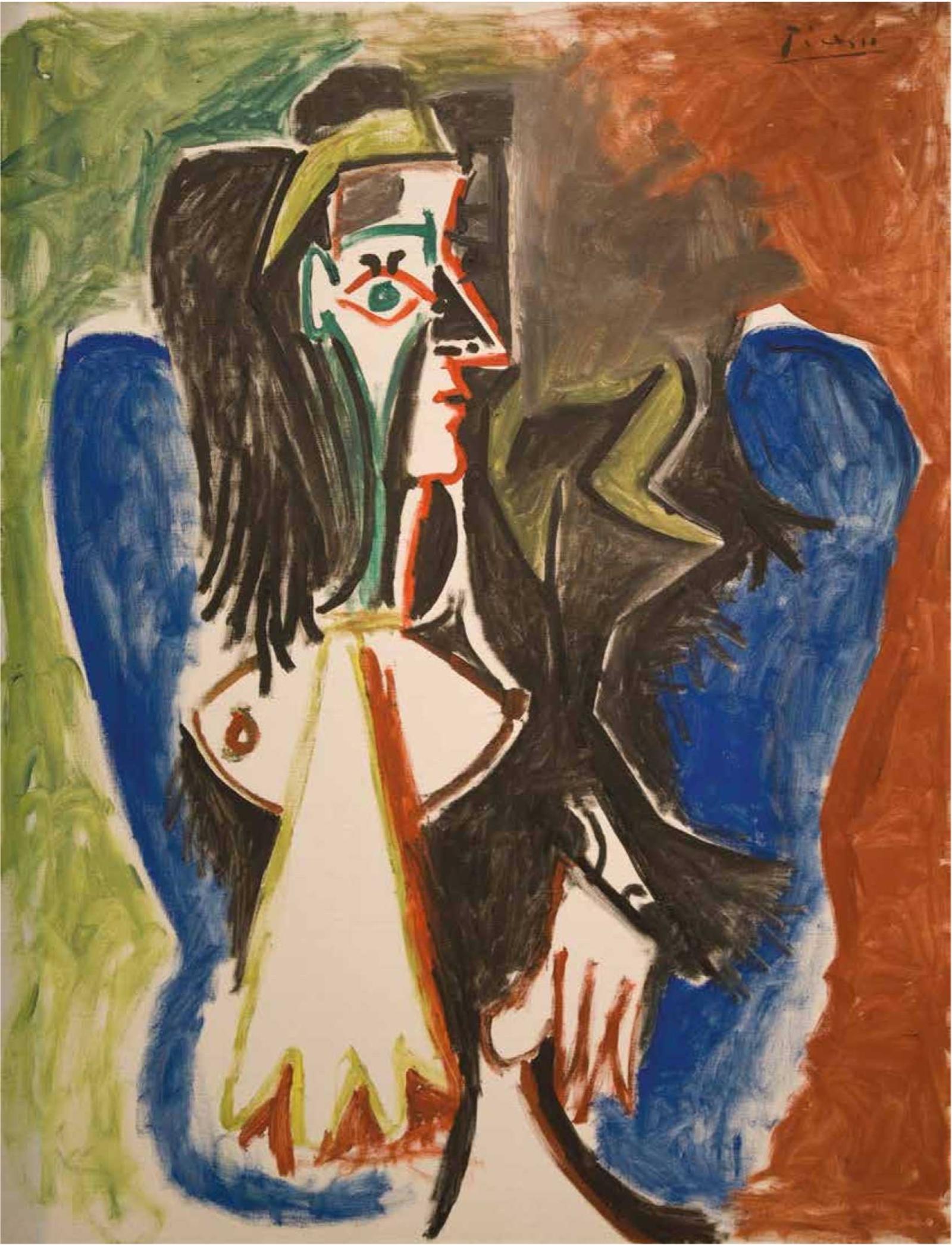 Porträt einer Frau mit langen Haaren, kräftigen Farben und geometrischen Formen, umgeben von bunten Hintergründen.