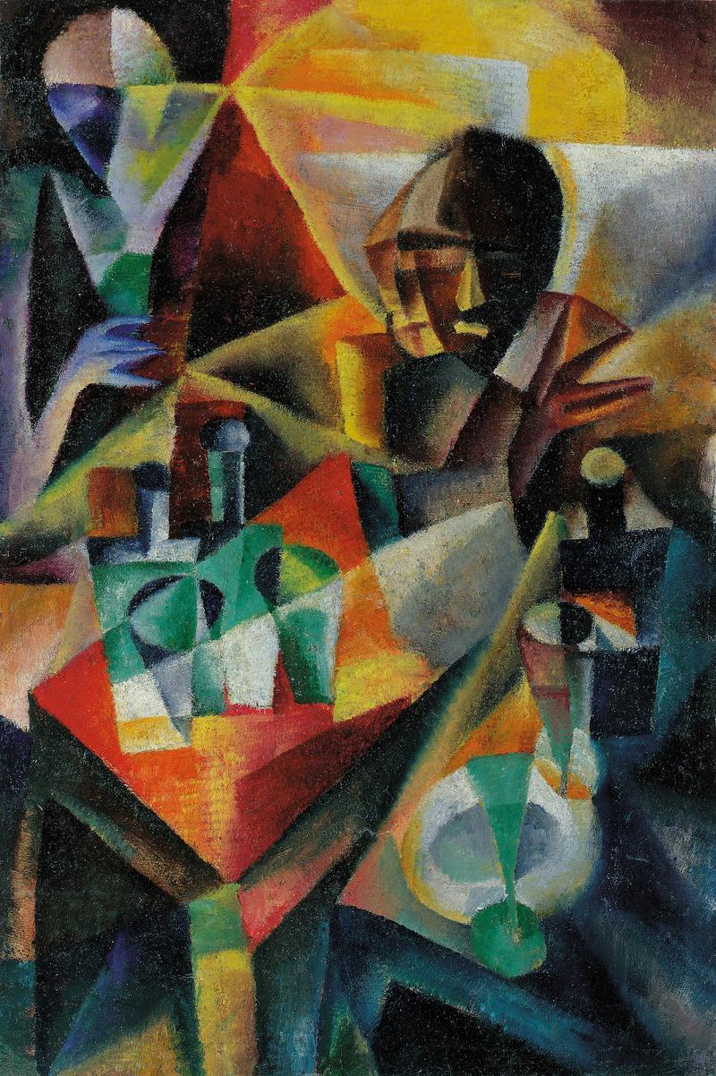 Das Bild „Silvesternacht“ zeigt zwei Figuren an einem Tisch, bei einer Silvesterfeier.
Die Darstellung ist stark geometrisch und kubistisch geprägt – Formen sind in viele Flächen, Linien und Winkel aufgelöst.
In der Mitte erkennt man einen gedeckten Tisch mit Flaschen, Gläsern.
Die linke Figur ist in bläulichen und grünen Tönen gehalten, die rechte in warmen Farben wie Gelb, Rot und Braun.
Der Hintergrund wirkt wie von Licht und Bewegung durchzogen – mit Strahlen, Dreiecken und Farbfeldern in Gelb, Weiß und Orange.