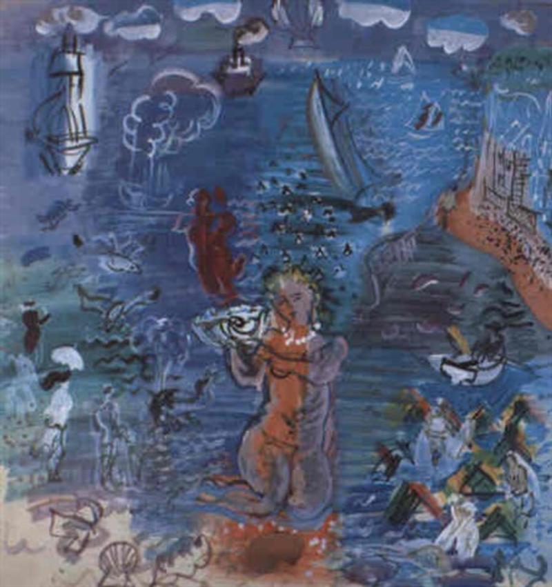 Nackte Figur in orange, umgeben von Wasser, Booten, Fischen und einer lebhaften, bunten Szenerie.