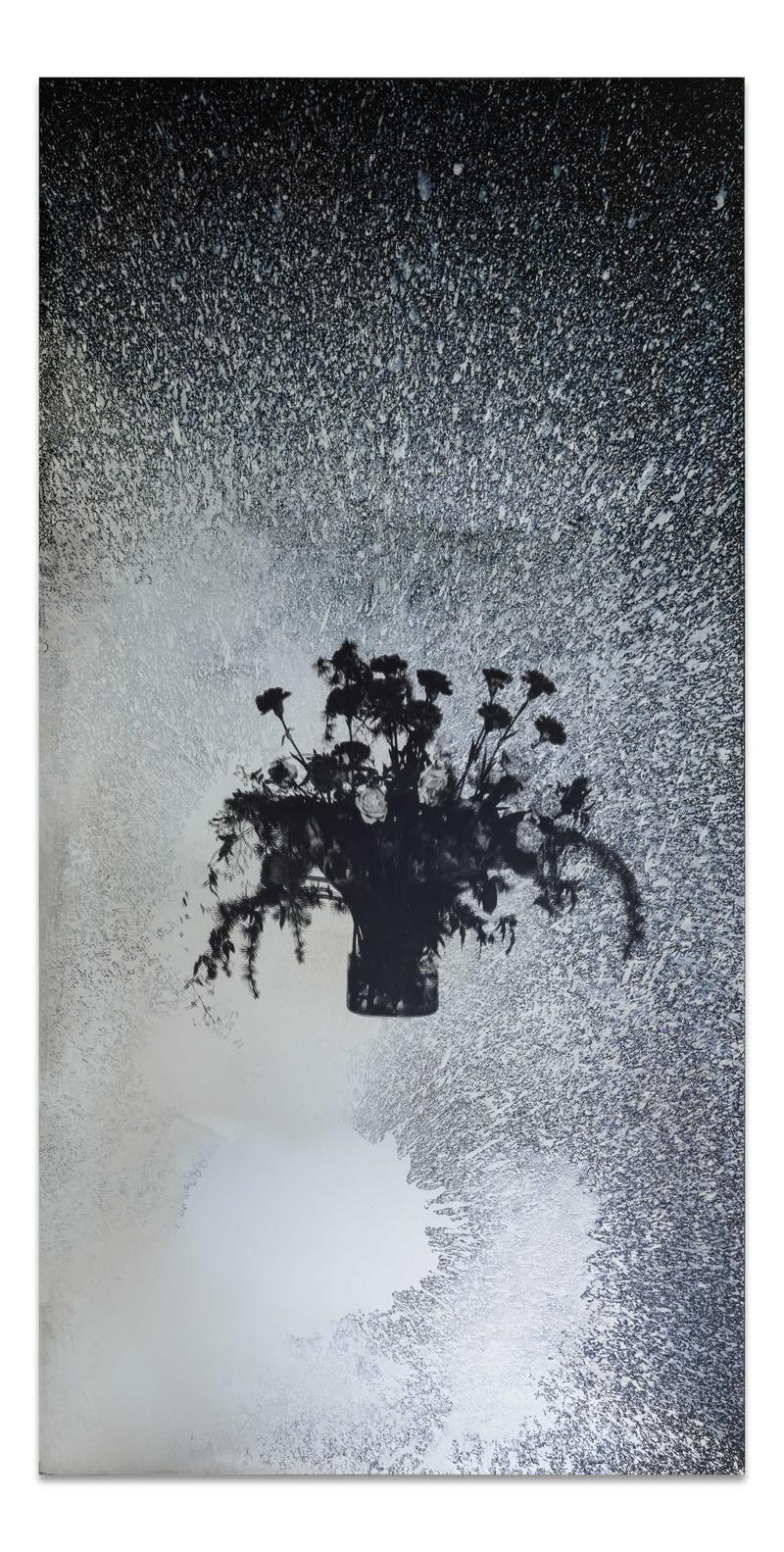 Auf dem Bild sehen wir einen Spiegel mit einem Blumenstrauß in der Mitte.
Die Ränder sind dunkel und gesprenkelt, wie bei einem alten Foto oder Film.

Das Kunstwerk ist von Andreas Duscha.
Er hat den Spiegel selbst hergestellt, nach einem alten Rezept aus dem 17. Jahrhundert.
In der Mitte sieht man ein Blumenarrangement – es ist ein Siebdruck auf der Spiegelfläche.

Die Blumen auf dem Spiegel haben eine tiefere Bedeutung:
Dieser Blumenstrauß beschäftigt sich mit der Verbreitung invasiver Blumenarten aus Nordamerika oder Asien, die in Europa eingeschleppt, heimische Arten verdrängen wie die kanadische Goldrute.

Duscha interessiert sich für versteckte Geschichten und Zusammenhänge.
Er nutzt alte Techniken und besondere Materialien,
um Themen wie Macht, Wandel und Geschichte auf eine leise, poetische Weise sichtbar zu machen.

Dieses Kunstwerk gehört zu einer Serie von vier Spiegeln,
die im Vorraum der Toiletten des Museums der Heidi Horten Collection hängen.
Jeder Spiegel erzählt eine eigene Geschichte – durch Pflanzen und Symbole.