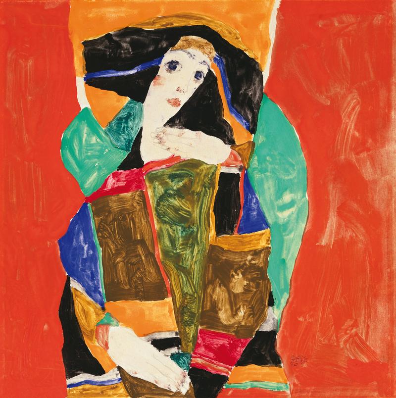Frau mit blauen Augen und buntem Kleid, vor orangefarbigem Hintergrund, in expressivem, abstraktem Stil dargestellt.