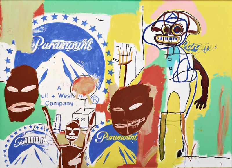Buntes Gemälde mit stilisierten Figuren, Masken und dem Paramount-Logo, kombiniert mit abstrakten Formen und Farben.