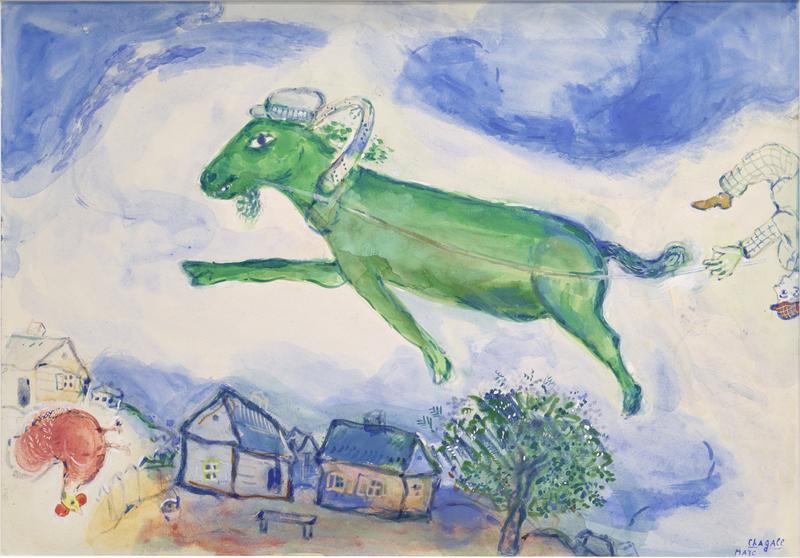 Fliegende grüne Kuh über Häusern, umgeben von Wolken und einem roten Fragezeichen, mit einer Figur, die sie hält.