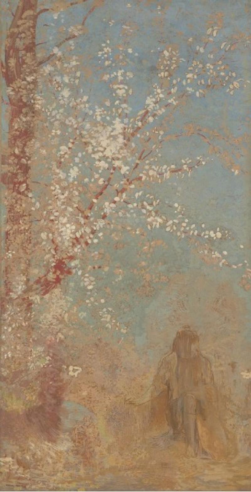 Blühender Baum mit weißen Blüten vor blauem Himmel, im Vordergrund eine sitzende, nachdenkliche Figur.