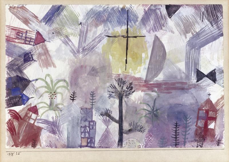 Das Werk zeigt eine helle, abstrakt anmutende Landschaft, in der sich verschiedene Zeichen, Formen und Farben überlagern. Die Komposition wirkt wie ein flächiger Traum aus Pinselstrichen und geometrischen Andeutungen. Die Farbpalette besteht vorwiegend aus sanften Violett-, Rot-, Blau- und Gelbtönen, die transparent und in mehreren Schichten übereinandergelegt sind.

Im unteren Bereich des Bildes lassen sich pflanzenartige Formen erkennen, die an stilisierte Bäume, Palmen oder Gräser erinnern. Daneben stehen einfache, hausähnliche Konstruktionen mit spitzem Dach und rechteckigen Fenstern – manche erscheinen wie aus einem Kinderbuch, andere sind fast nur angedeutet. In der Mitte hebt sich ein gelber, kreisförmiger Fleck ab, der wie eine Sonne wirkt. Darüber schwebt ein schwarzes Kreuz in feinen Linien, fast wie ein Kompass oder eine Richtungsmarkierung. Umrahmt wird die Szene von breiten, diagonalen Pinselstrichen, die Bewegung und Tiefe erzeugen.
