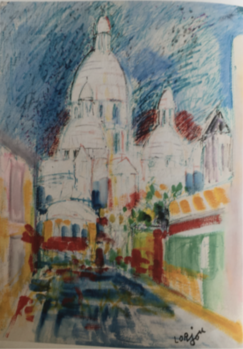 Bunte Darstellung der Kathedrale mit Kuppeln, umgeben von lebhaften Straßen und Gebäuden in impressionistischem Stil.