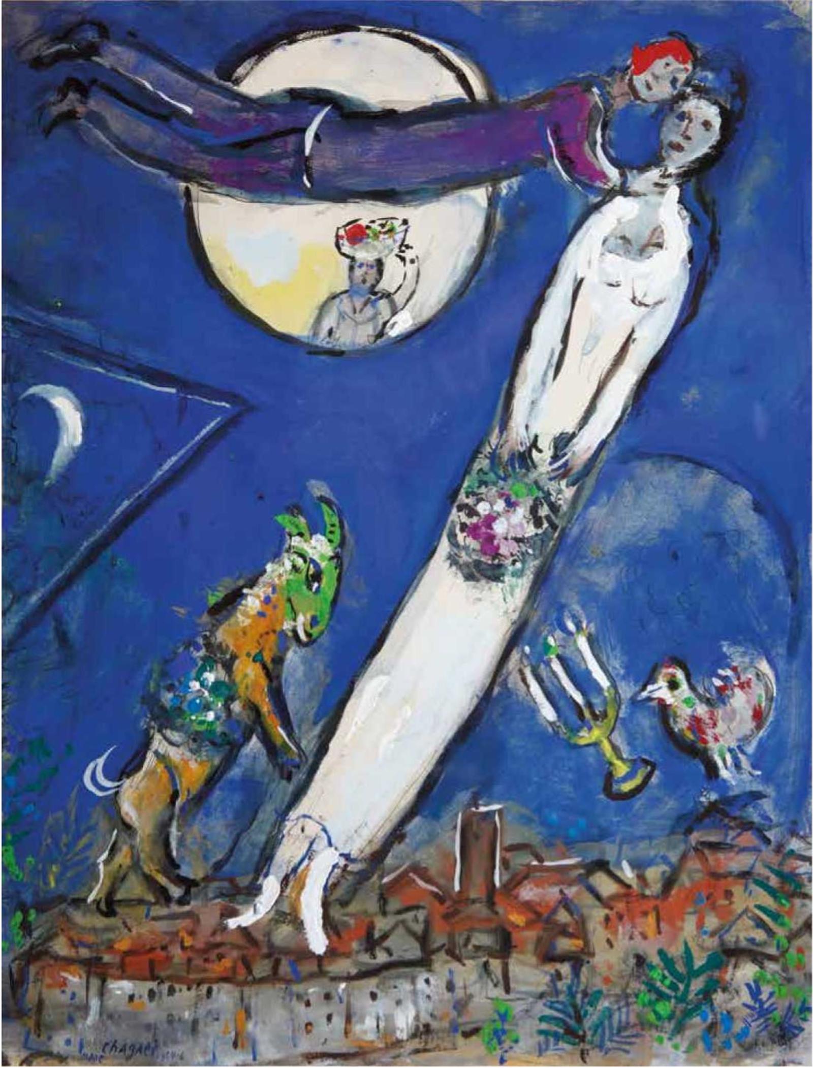 Fliegende Figuren über einer Stadt, umgeben von Tieren und einer großen, runden Mondscheibe. Farbige, expressive Malerei.