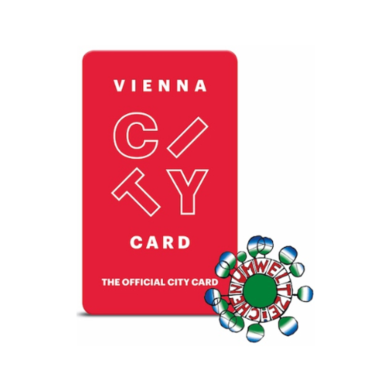 Rote Vienna City Card mit weißem Text und grünem Umweltzeichen in der unteren Ecke.
