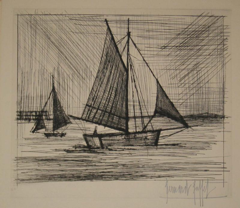 Zwei Segelboote auf ruhigem Wasser, umgeben von diagonalen Linien, die Bewegung und Licht darstellen.