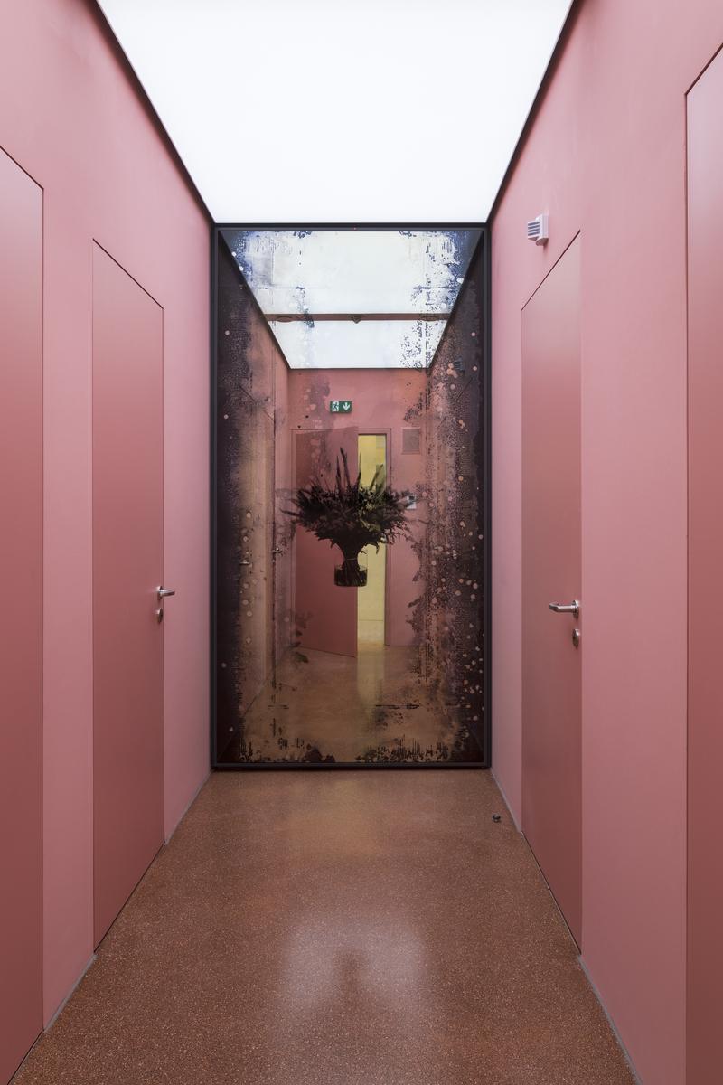 Auf dem Bild sehen wir einen Raum mit einem Spiegel mit einem Blumenstrauß in der Mitte.
Der Raum hat links und rechts rosa gestrichene Wände und Türen.
Der Spiegel ist am Ende des Raumes. Die Ränder des Spiegel sind dunkel und gesprenkelt, wie bei einem alten Foto oder Film.

Das Kunstwerk ist von Andreas Duscha.
Er hat den Spiegel selbst hergestellt, nach einem alten Rezept aus dem 17. Jahrhundert.
In der Mitte sieht man ein Blumenarrangement – es ist ein Siebdruck auf der Spiegelfläche.

Die Blumen auf dem Spiegel haben eine tiefere Bedeutung:
Sie stehen für gesellschaftliche Krisen und Revolutionen.
Ein Strauß erinnert zum Beispiel an Revolutionen: zum Beispiel für die Nelkenrevolution in Portugal oder
die Tulpenrevolution in der Ukraine.

Duscha interessiert sich für versteckte Geschichten und Zusammenhänge.
Er nutzt alte Techniken und besondere Materialien,
um Themen wie Macht, Wandel und Geschichte auf eine leise, poetische Weise sichtbar zu machen.

Dieses Kunstwerk gehört zu einer Serie von vier Spiegeln,
die im Vorraum der Toiletten des Museums der Heidi Horten Collection hängen.
Jeder Spiegel erzählt eine eigene Geschichte – durch Pflanzen und Symbole.