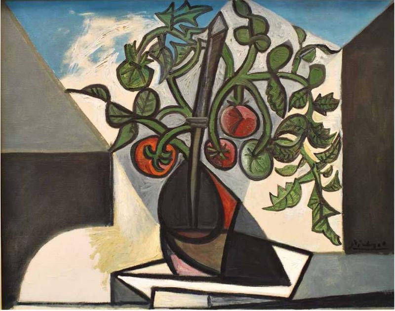Vase mit Tomaten und grünen Blättern, stilisierte Formen, geometrischer Hintergrund in sanften Farben.