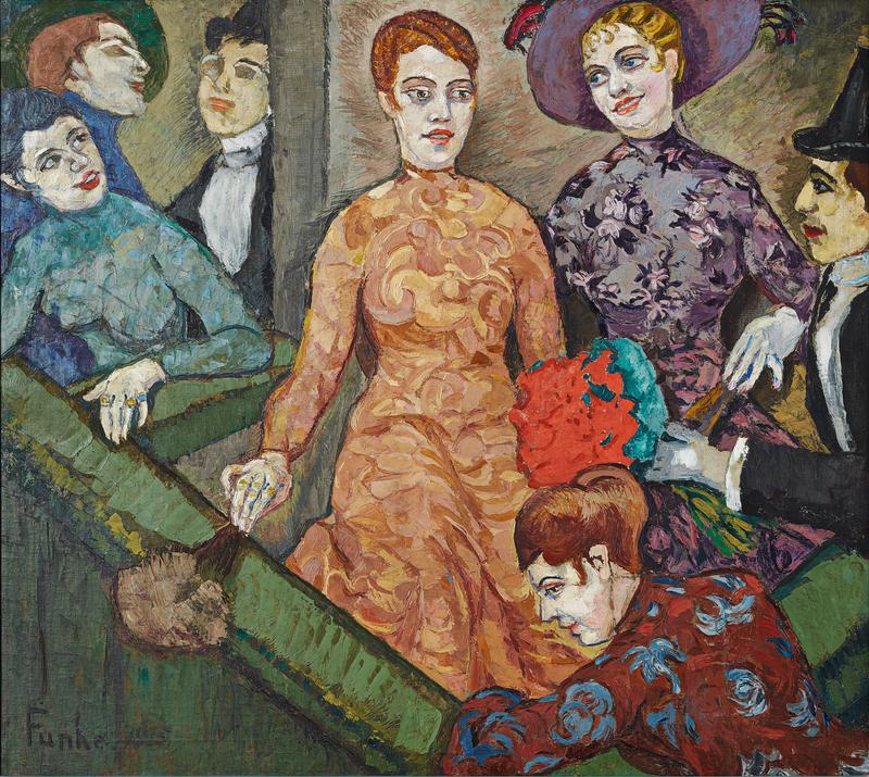 Das Gemälde zeigt eine Gruppe elegant gekleideter Menschen in einer Theaterloge.
Im Mittelpunkt sitzt eine Frau in einem auffälligen, orangefarbenen Kleid.
Sie blickt nach rechts, ihr Gesichtsausdruck ist ruhig, fast ernst.
Links neben ihr lehnt sich eine Frau in einem türkisfarbenen Kleid mit roten Lippen über die Brüstung.
Rechts stehen eine Frau in einem lila Kleid mit großem Hut und ein Mann im Frack.
Vorne unten sieht man eine weitere Frau mit rotem Haar und einem dunkelroten Kleid mit blauem Muster.
Im Hintergrund erscheinen zwei weitere Gesichter – vermutlich Zuschauer aus einer anderen Loge.
Die Farben sind kräftig und kontrastreich, besonders die Muster auf den Kleidern fallen ins Auge.
Die Szene wirkt lebendig.
Der Malstil ist expressiv, mit sichtbaren Pinselstrichen und stilisierten Gesichtern.