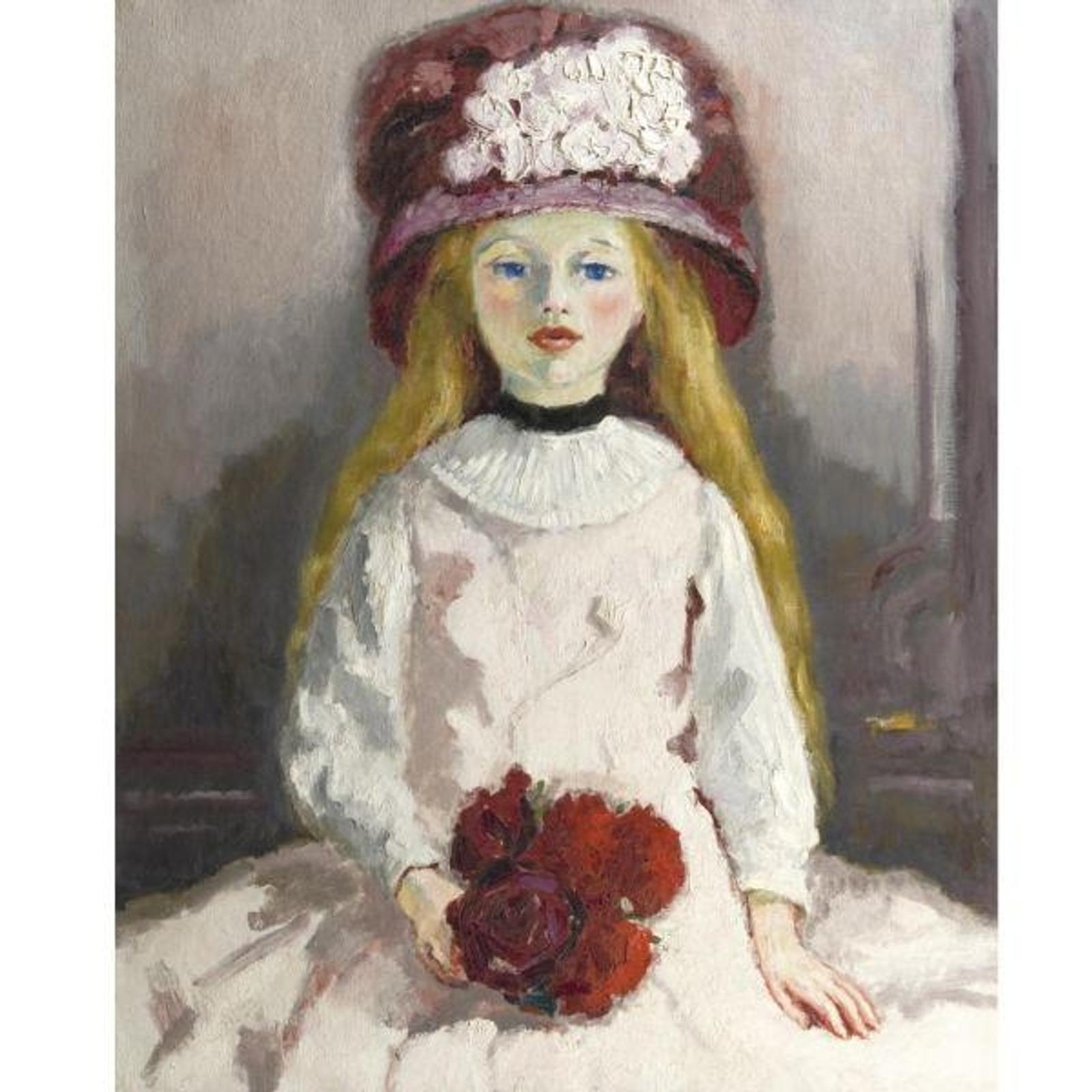 Mädchen mit blonden Haaren, rotem Hut und weißem Kleid, hält einen Strauß roter Blumen in der Hand.