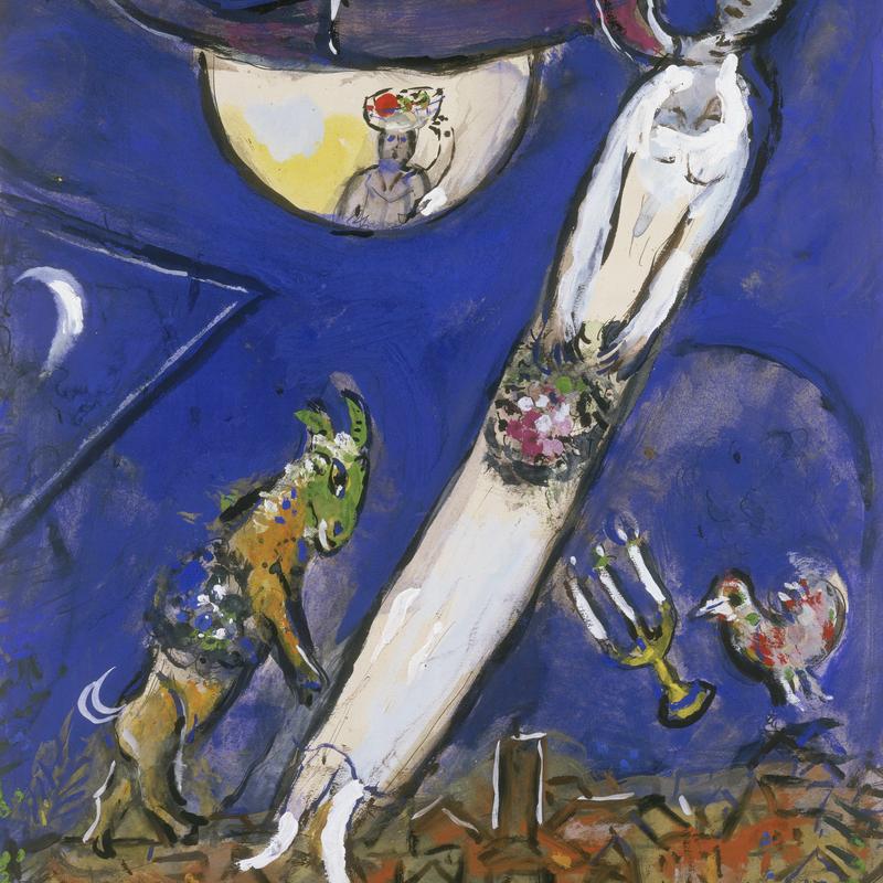 Fliegende Figur mit rotem Haar vor einem großen Mond, umgeben von einem Ziegenwesen, einem Huhn und einer Stadtlandschaft.
