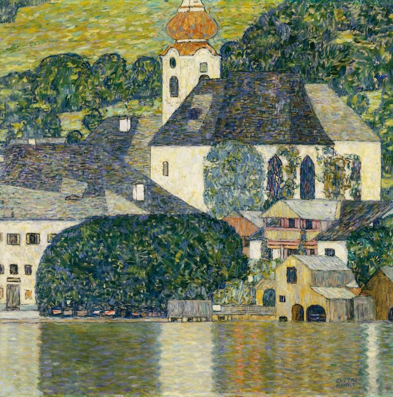 Landschaft mit Kirche, Häusern und Bäumen am Ufer eines Gewässers, in lebendigen Farben und impressionistischem Stil.