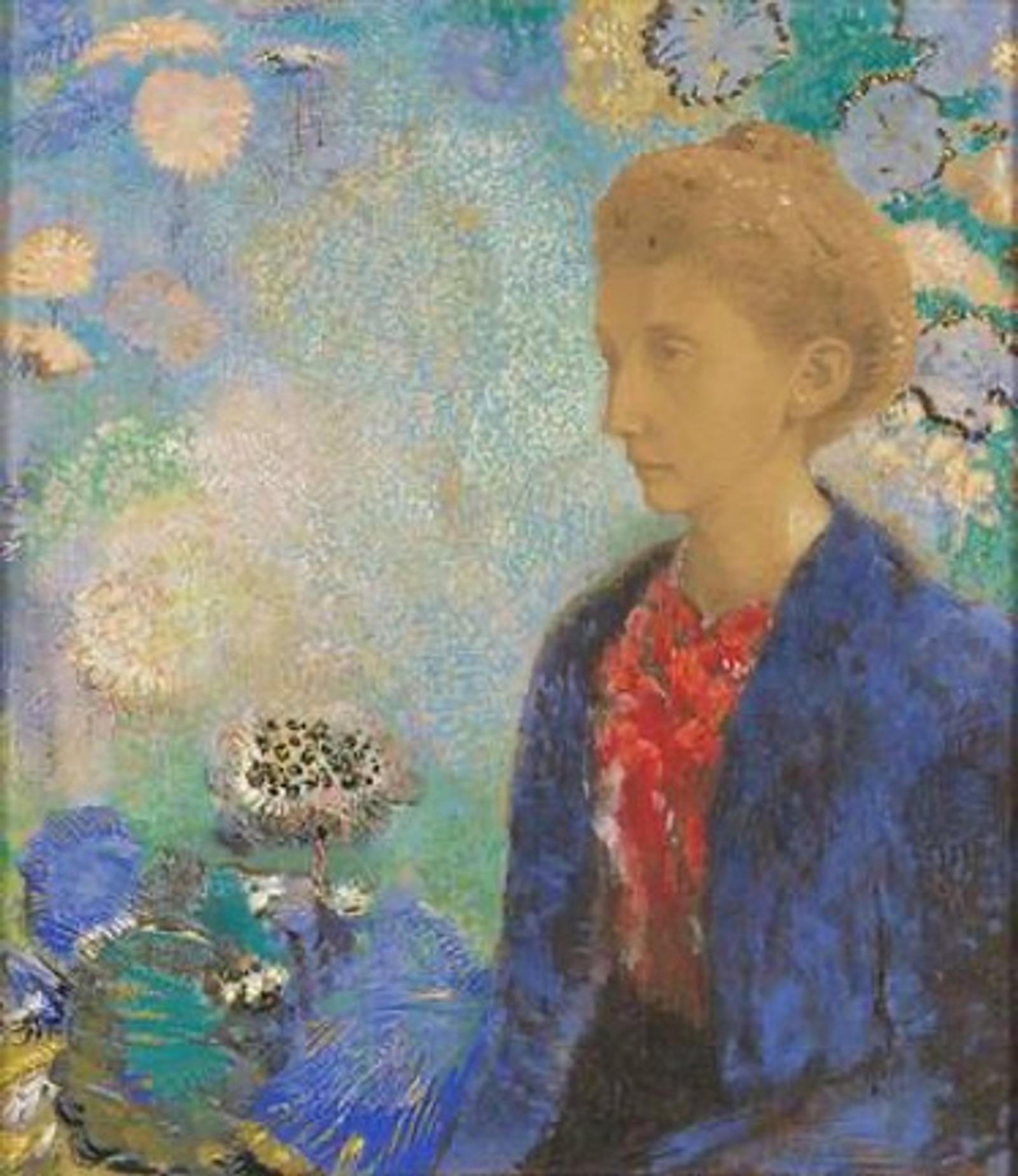 Porträt einer Frau mit blonder Frisur, blauem Mantel und rotem Oberteil, umgeben von bunten, abstrakten Blumenmotiven.