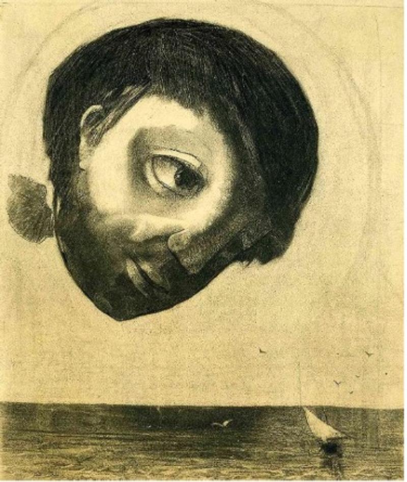 Großer, stilisierter Kopf mit einem Auge über einer ruhigen Wasseroberfläche und einem Segelboot im Hintergrund.